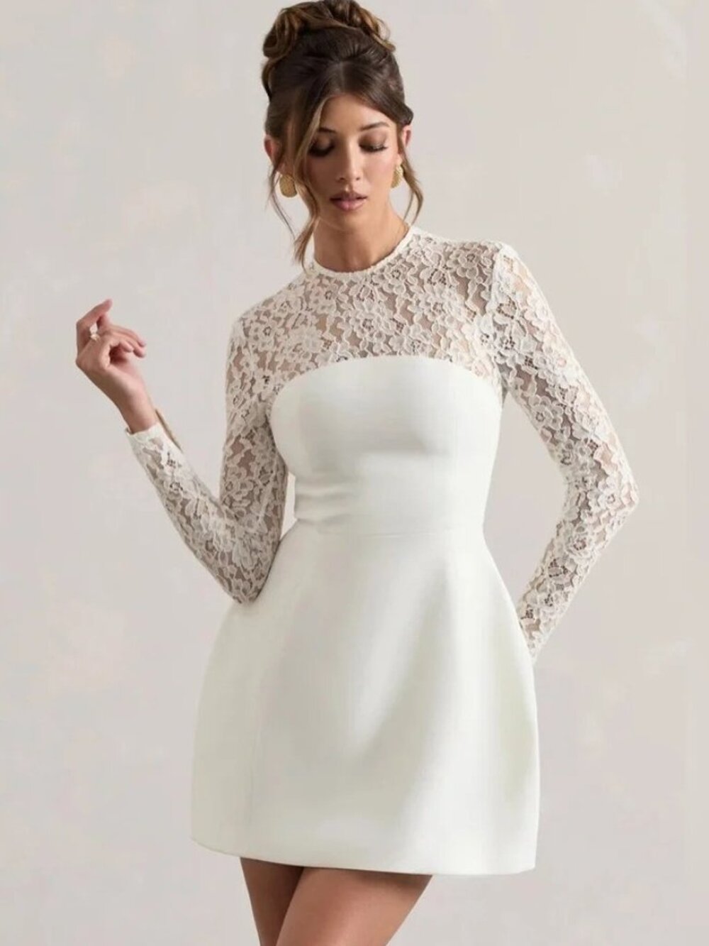 Club L London Birdie White Lace Long-Sleeve Mini Dress